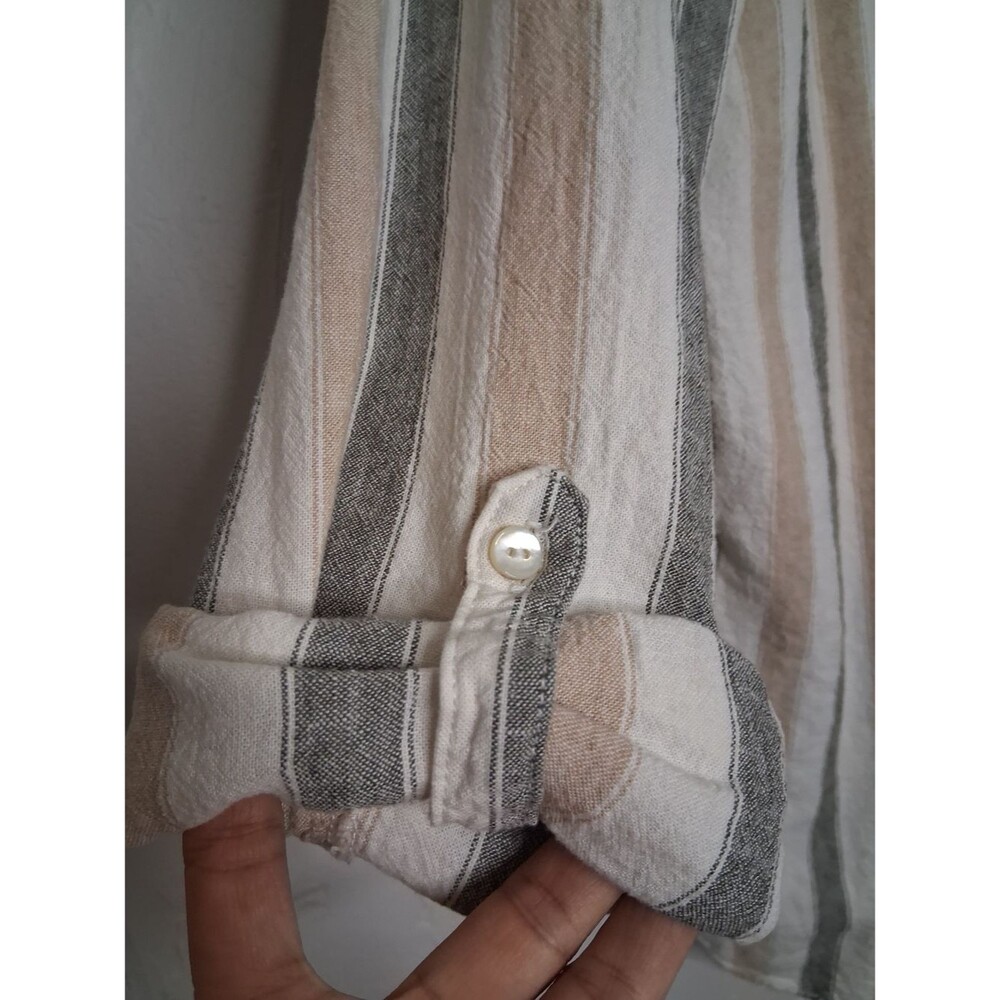 Tahari Linen Blend Striped Button Front Tunic Blouse Women's Sz L Beige Gray Tan - Picture 5 of 9